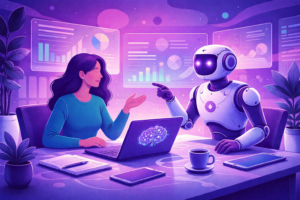 woman interacting with AI at work