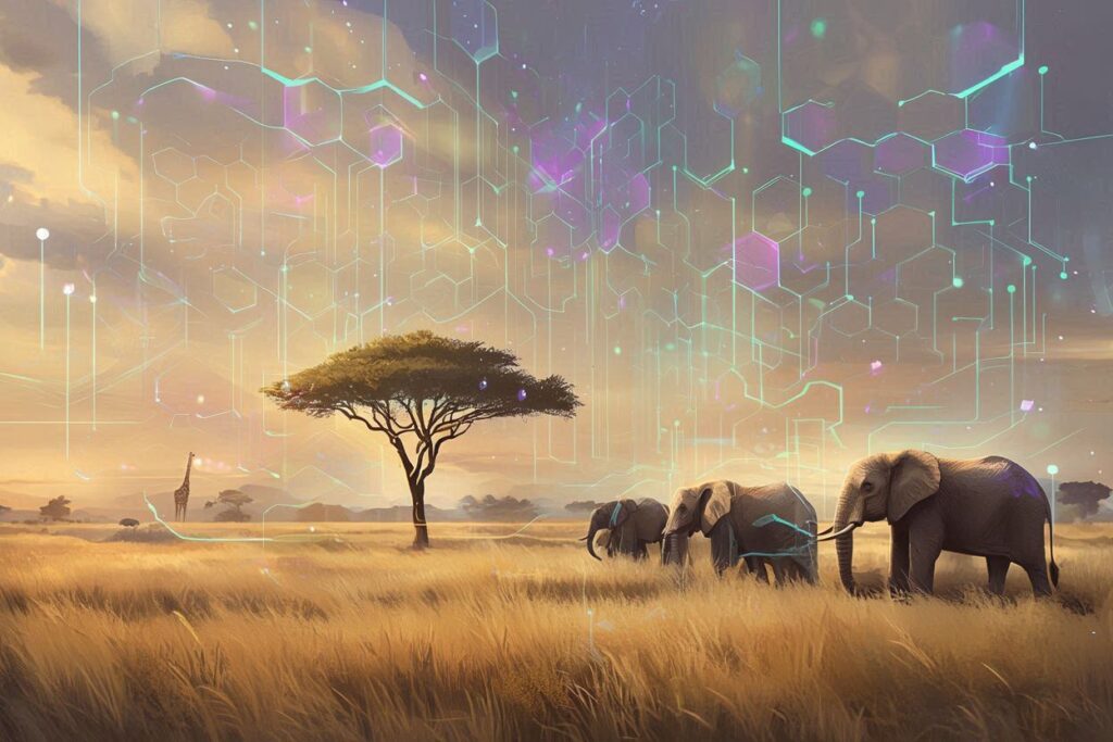 AI-generated artistic representation of the African savanna with a digital overlay protecting it that incorporates some purple and teal hues