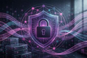 An abstract interpretation of privacy being protected in AI systems. Incorporate purple, pink, and teal hues