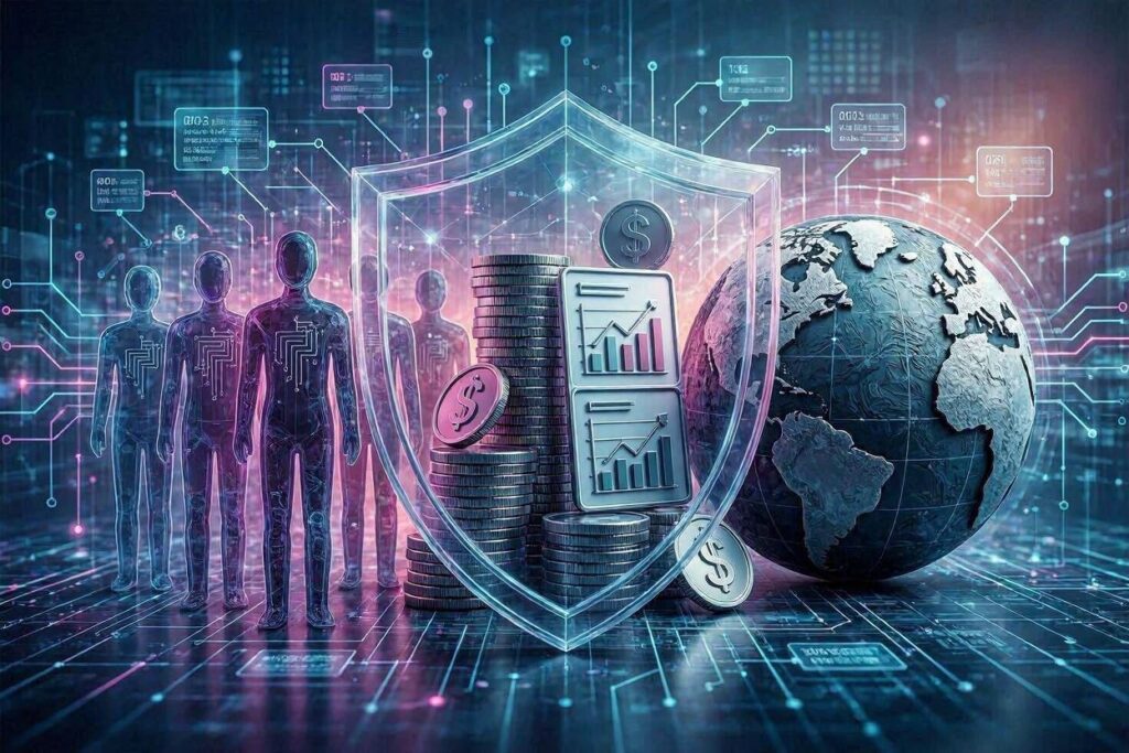 An abstract interpretation of people, profits and the planet being protected in AI systems. Incorporate purple, pink, and teal hues
